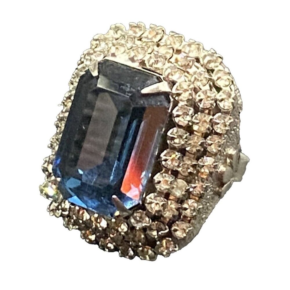 Statement Ring Emerald Cut Faux Blue Sapphire 3 Rows CZ Silver Tone  Sz 7 GLOWS